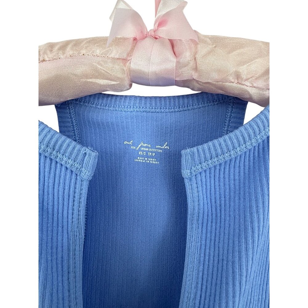 NWT UO Blue Ribbed Bodysuit XS/S High Neck V-Slit Thong • Modern Minimalist Y2K - Picture 2 of 16